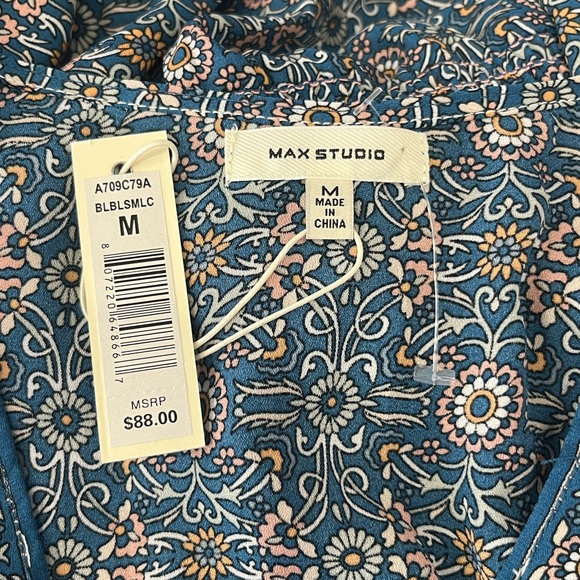 Max Studio Blue Floral Boho Peplum Blouse Tie Waist V-Neck Long Sleeve M - Picture 7 of 9